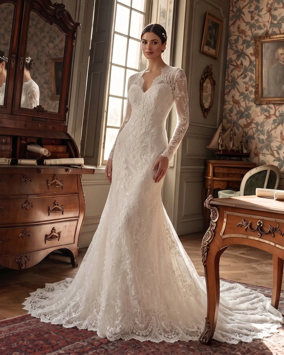 White Lace Mermaid Wedding Dress Long Sleeves SW683