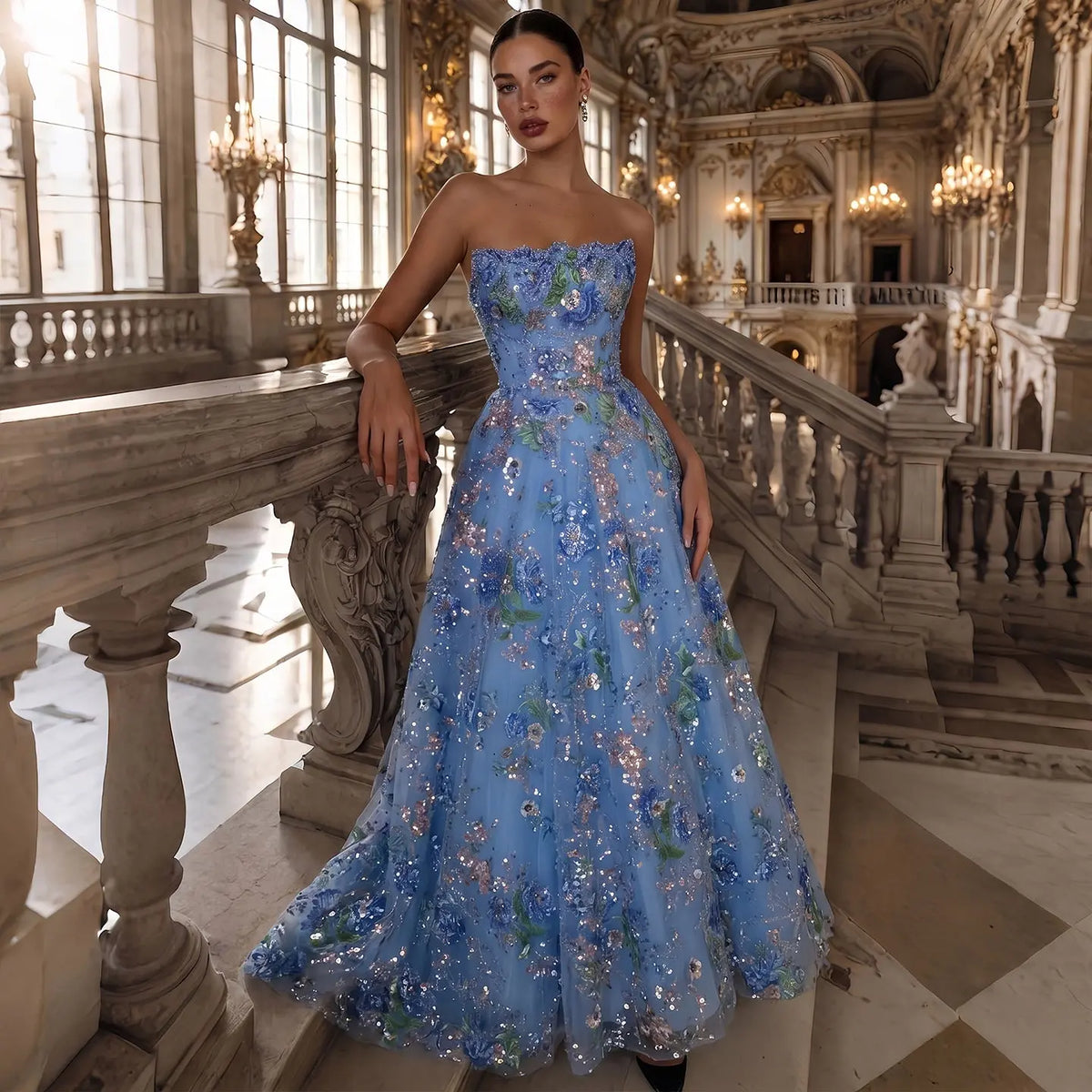 Elegant Blue A-Line Evening Dress with All-Over Sparkle SS460
