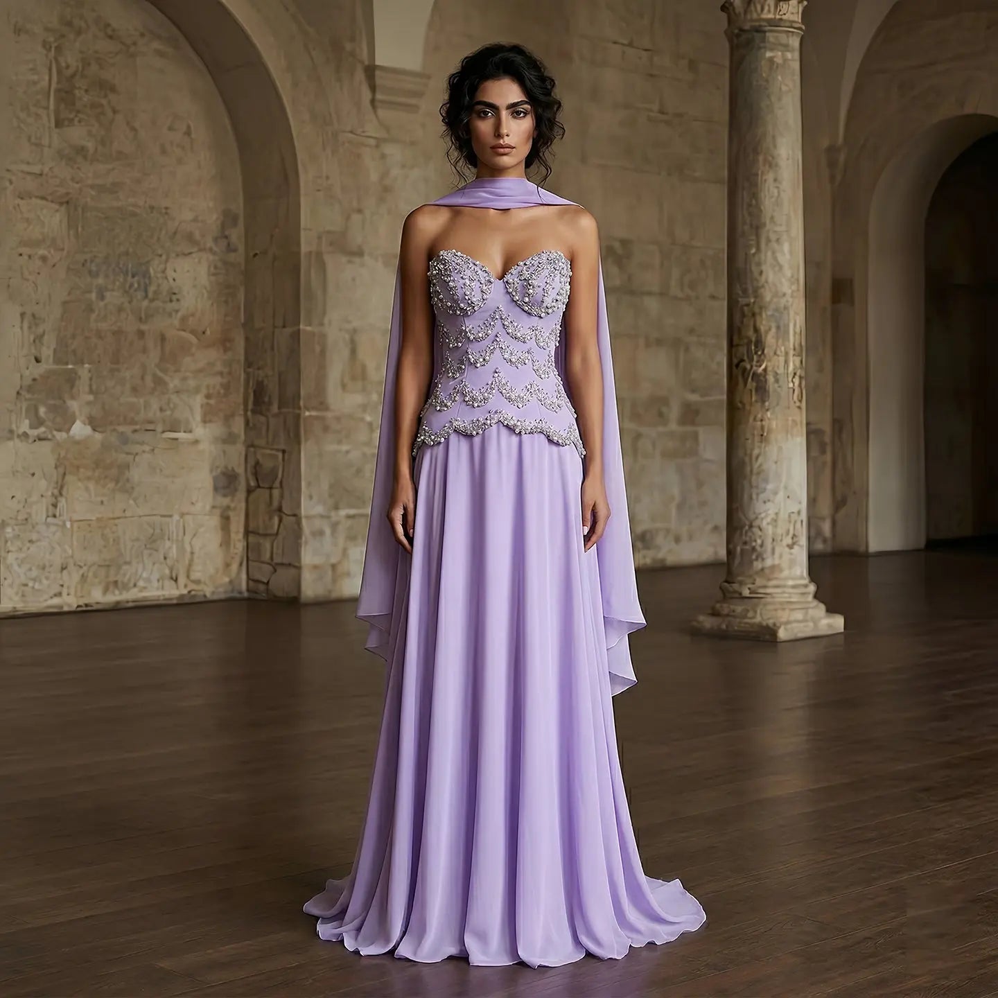 Luxury Purple Beaded Pearl Sweetheart Evening Dress with Scarf SS753   SHARONSAID