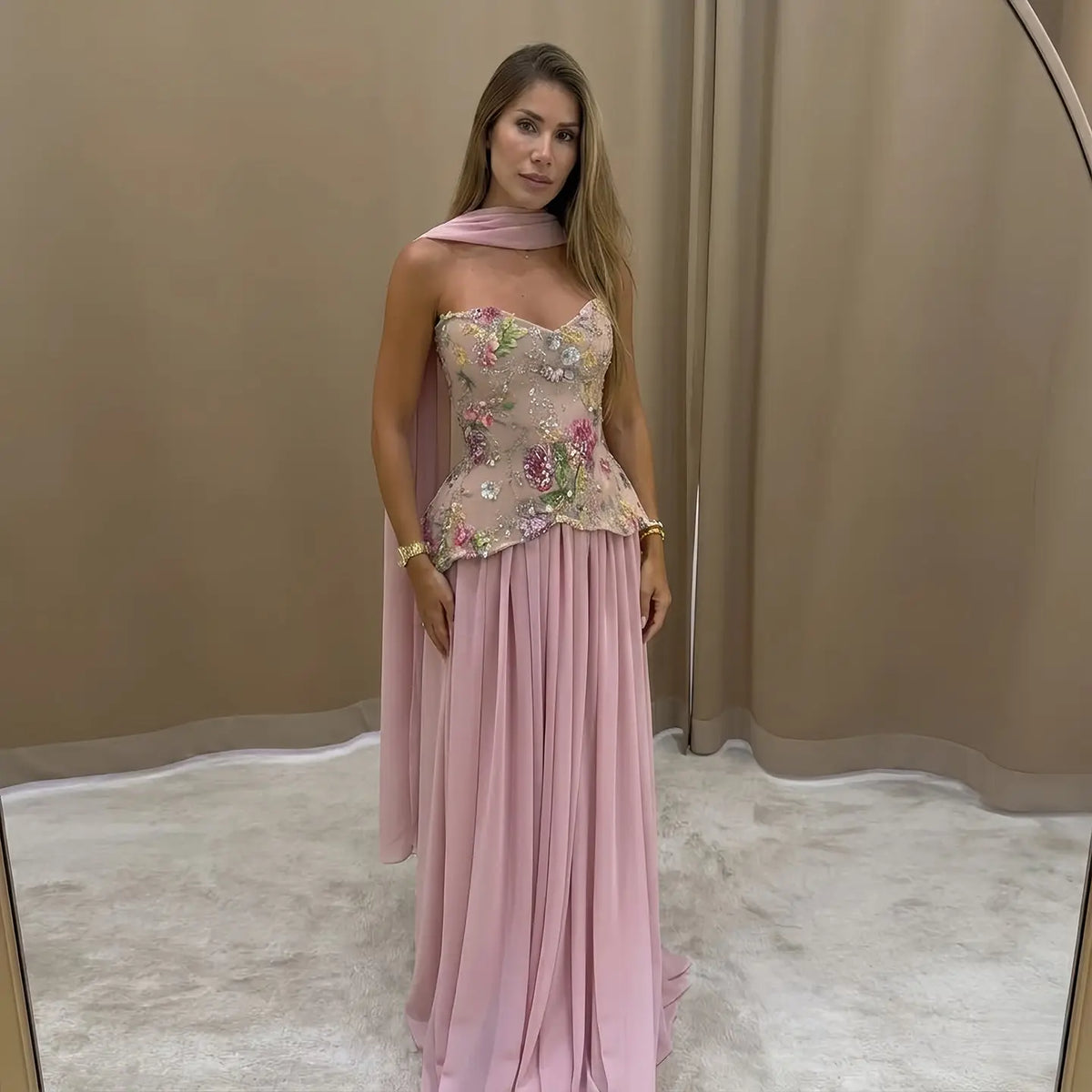 Chic Pink Floral Embellished Peplum Chiffon Evening Dress with Scarf SS480