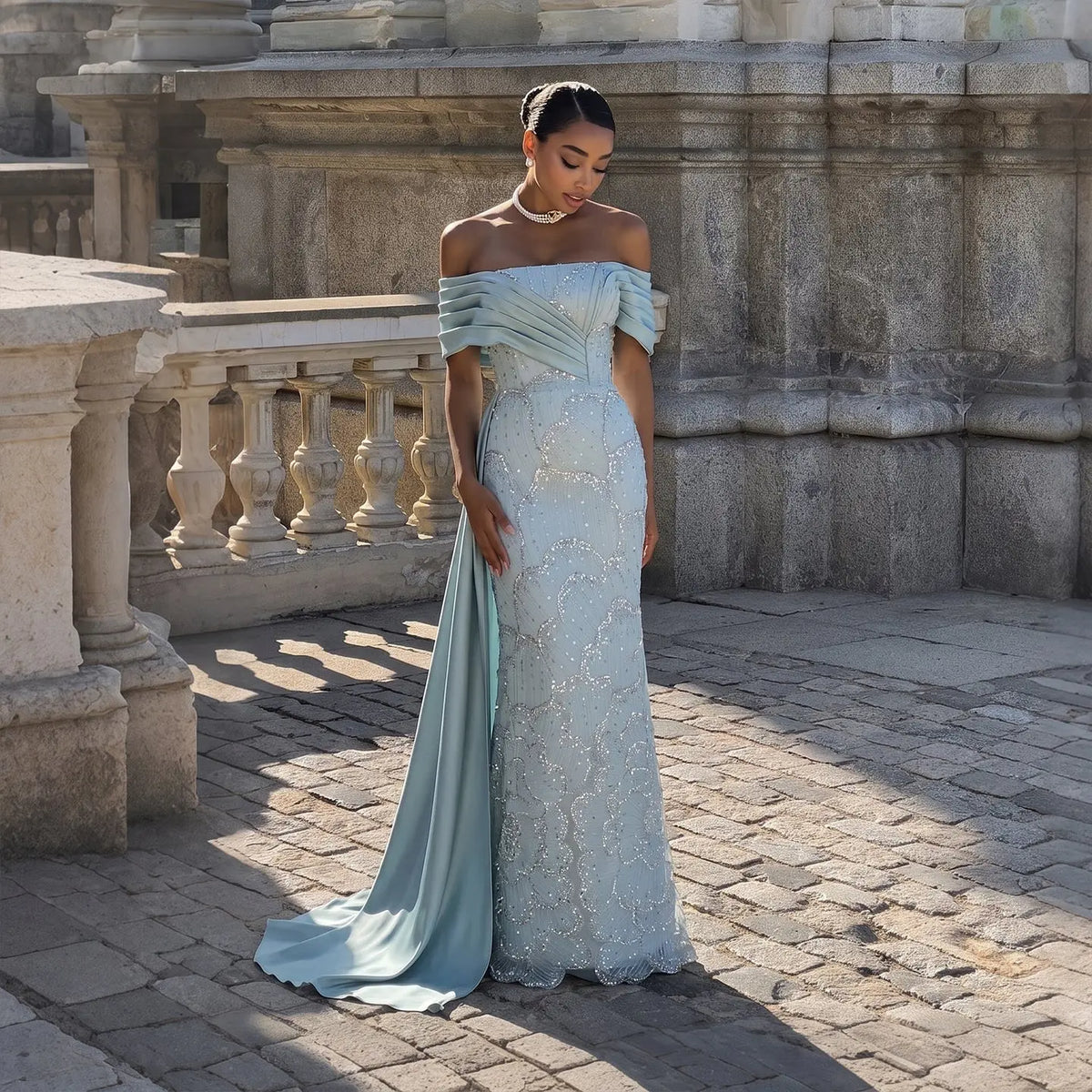 Turquoise Crystal Off Shoulder Floor Length Gown SS670