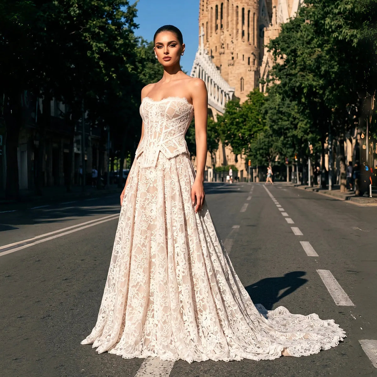 White Nude Strapless Corset Wedding Dress SW755