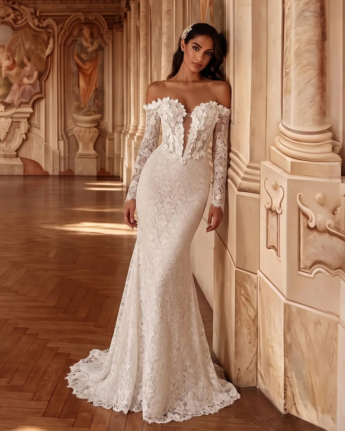 White Off Shoulder Lace Mermaid Wedding Dress SW689