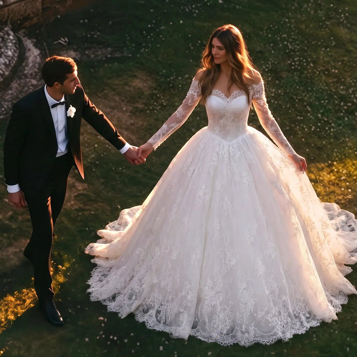 White Long Sleeve Off Shoulder Wedding Dress SW754