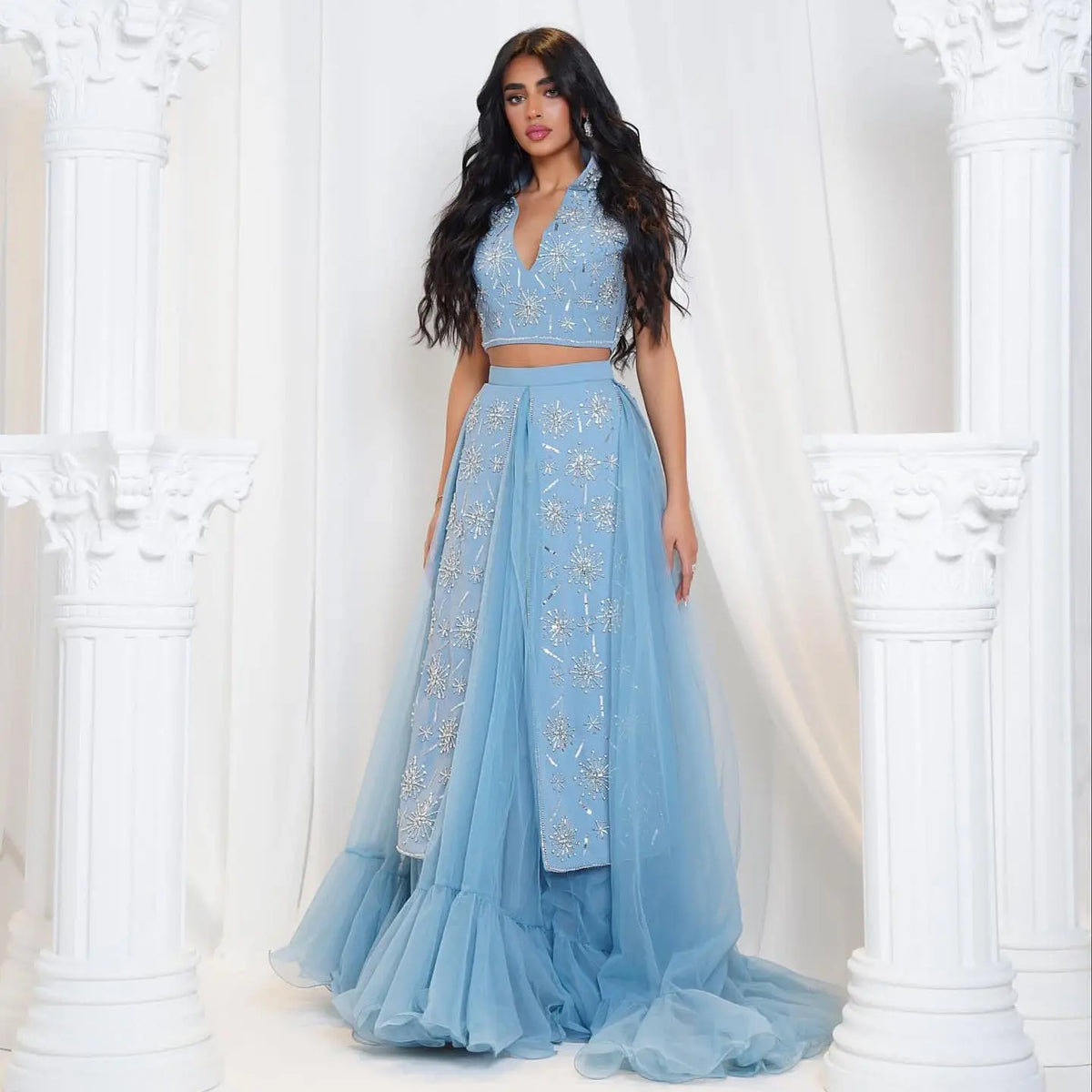 Luxury Blue Beaded 2 pieces Evening Dress with ruffles SS597 