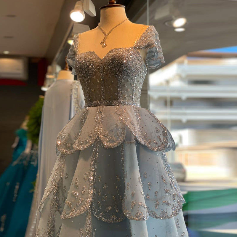 Romantic Pink Sequin Strapless Layered Evening Dress SS612 