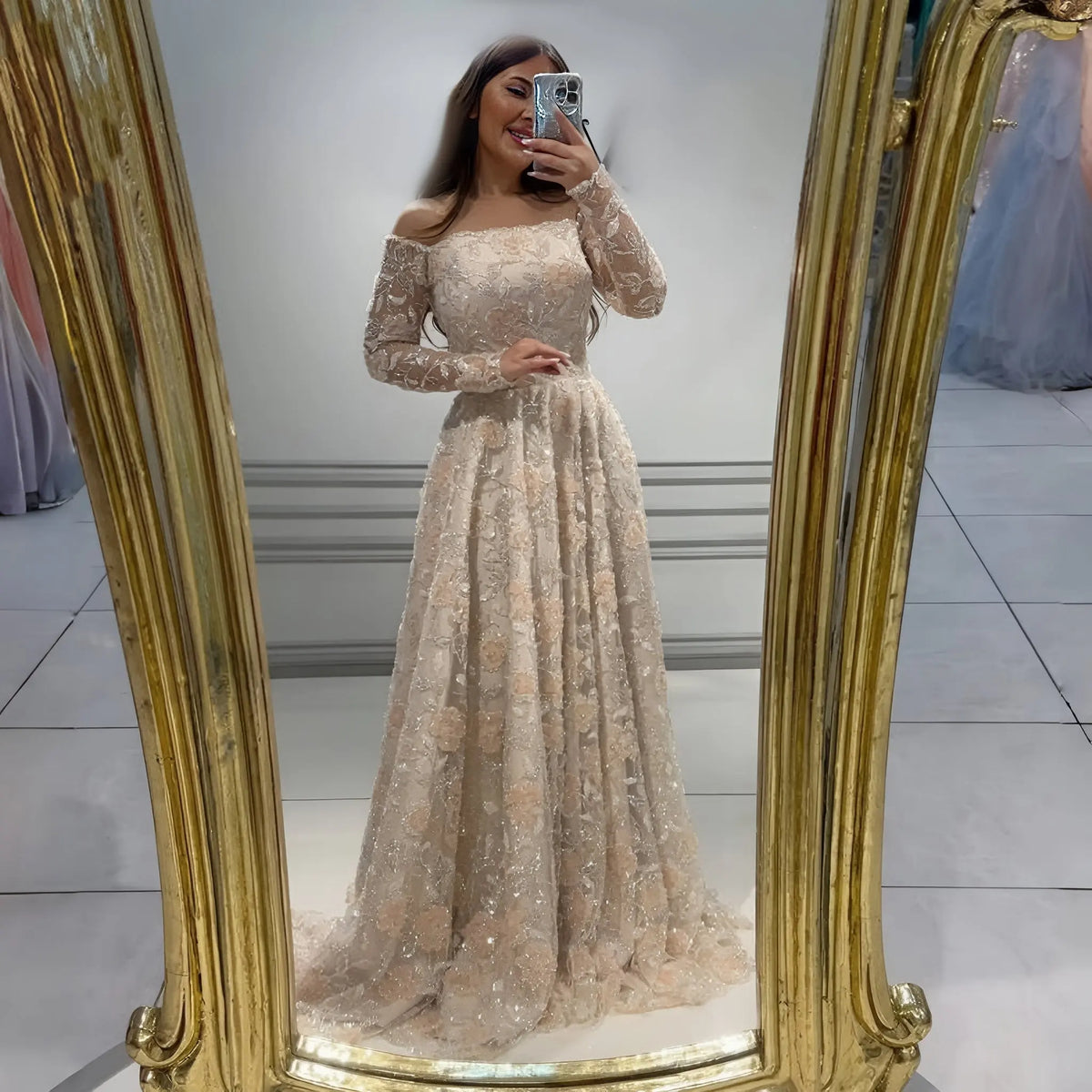 Elegant Pink Long Sleeve Beaded Embroidered Evening Dress SS638 