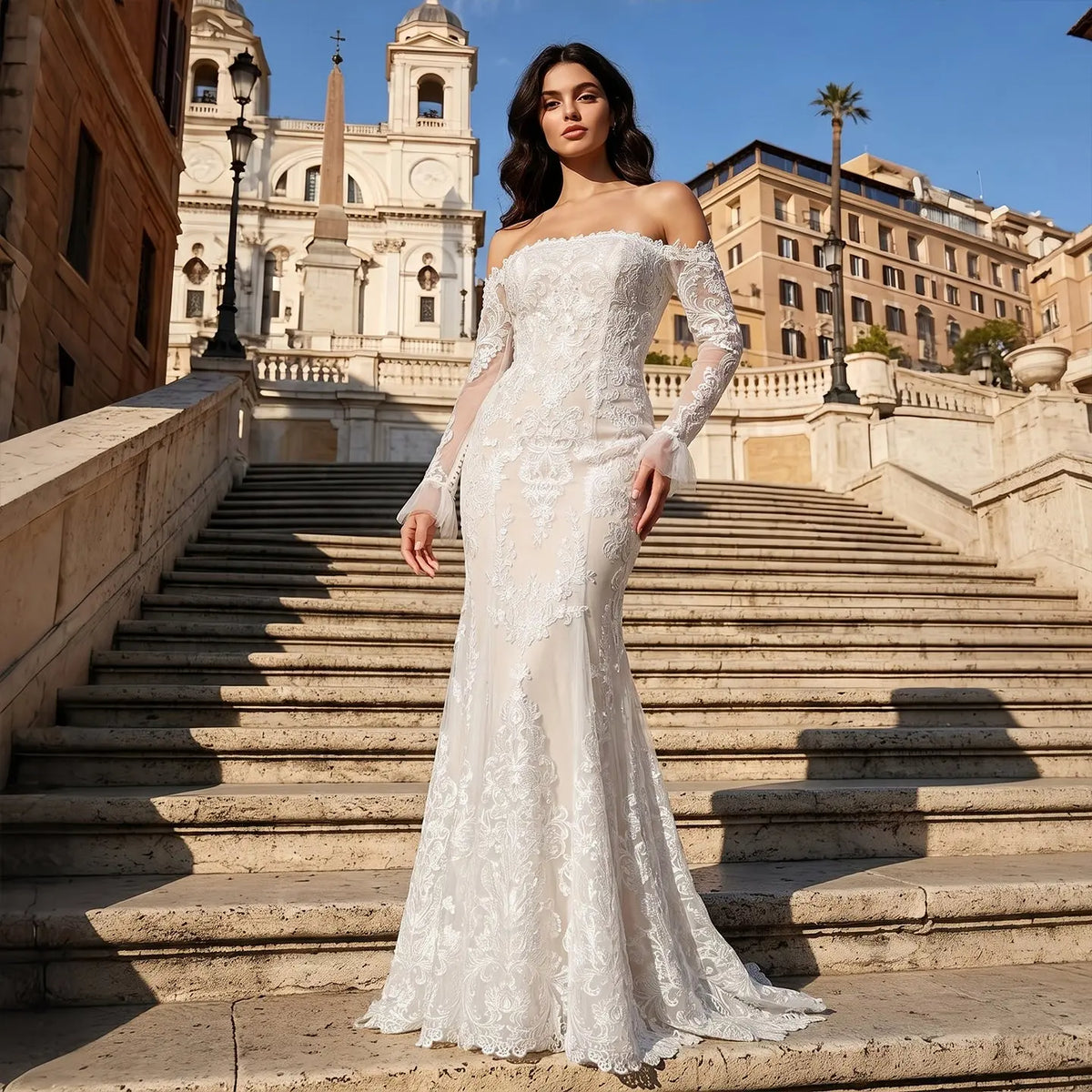 Off White Lace Mermaid Train Wedding Dress SW650
