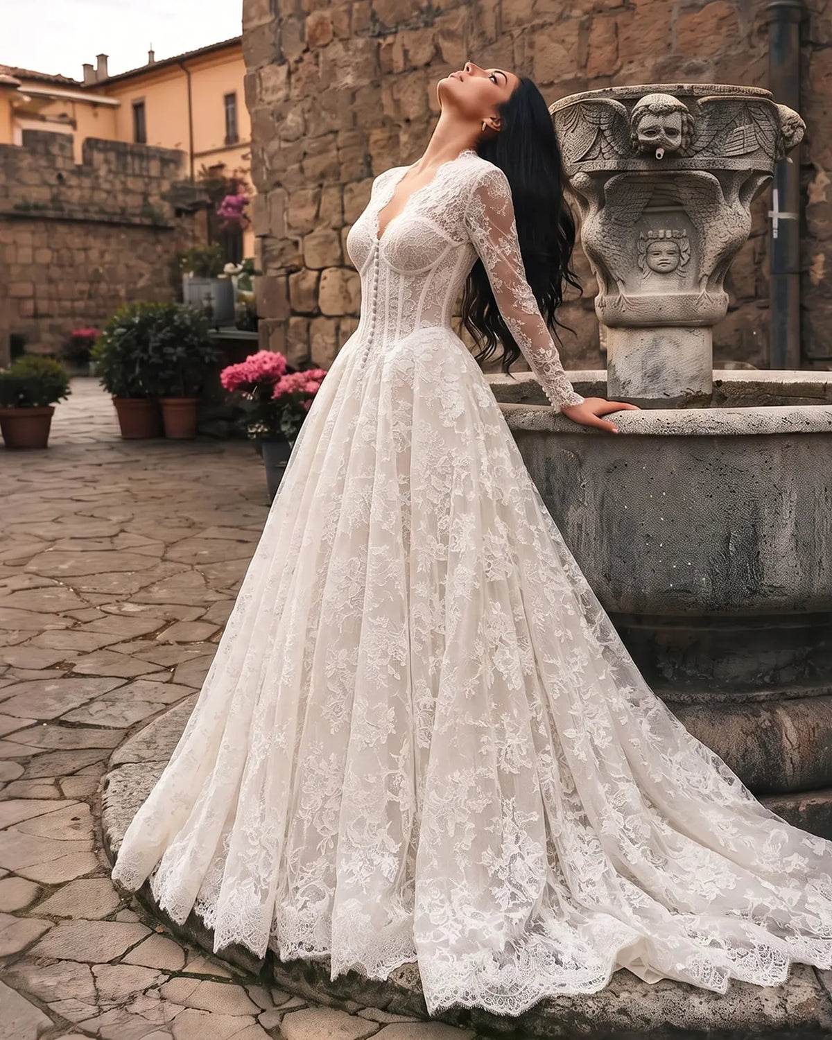 White Lace Long Sleeve Wedding Dress V Neck SW693