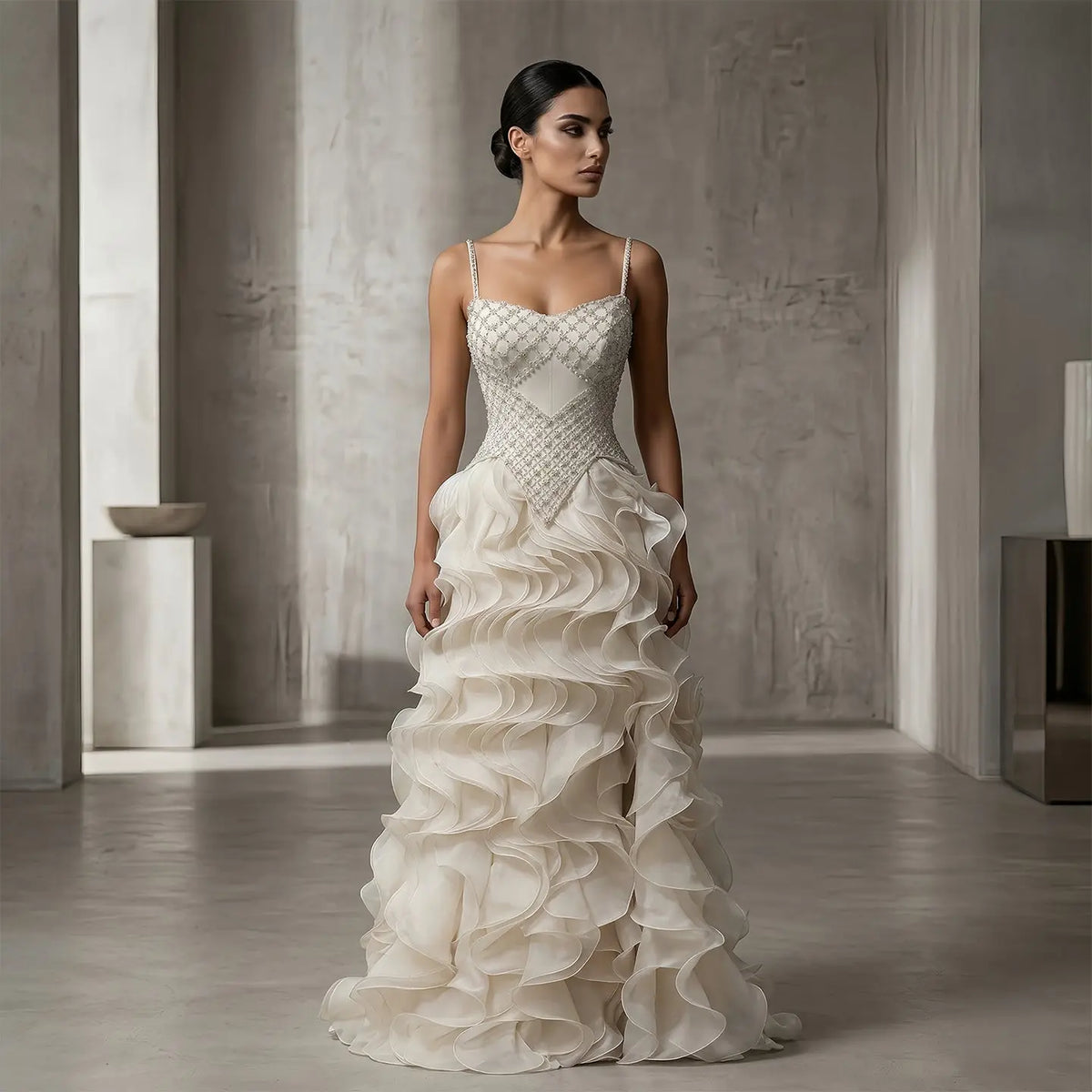 Sophisticated Beige Corset Bodice Ruffled Skirt Beaded Evening Dress SS257 