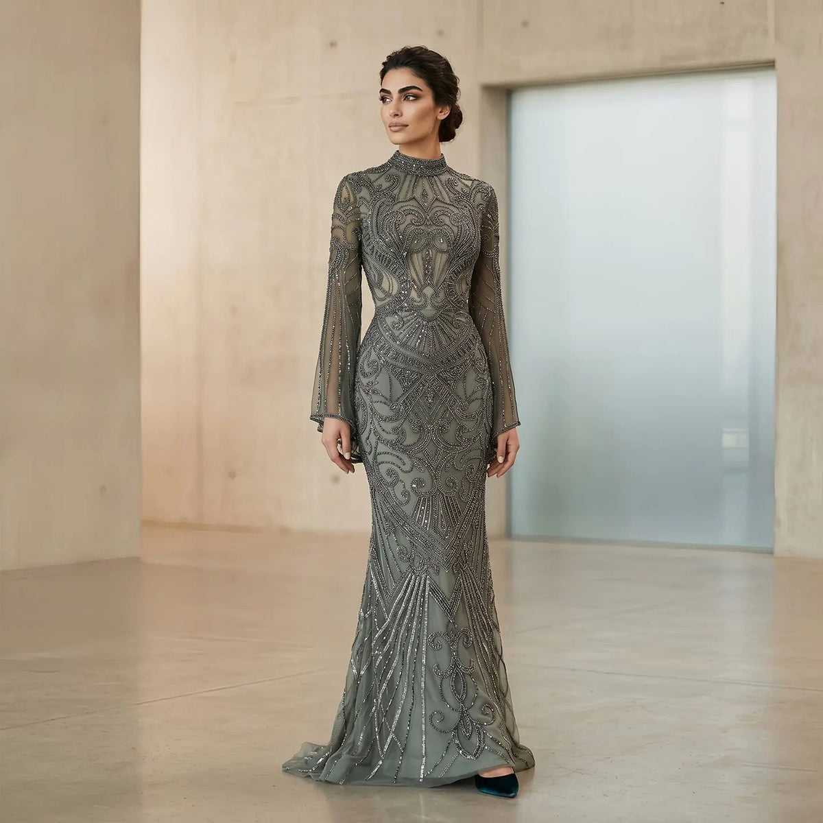 Glamorous Black High Neck Beaded Mermaid Evening Dress SS055 