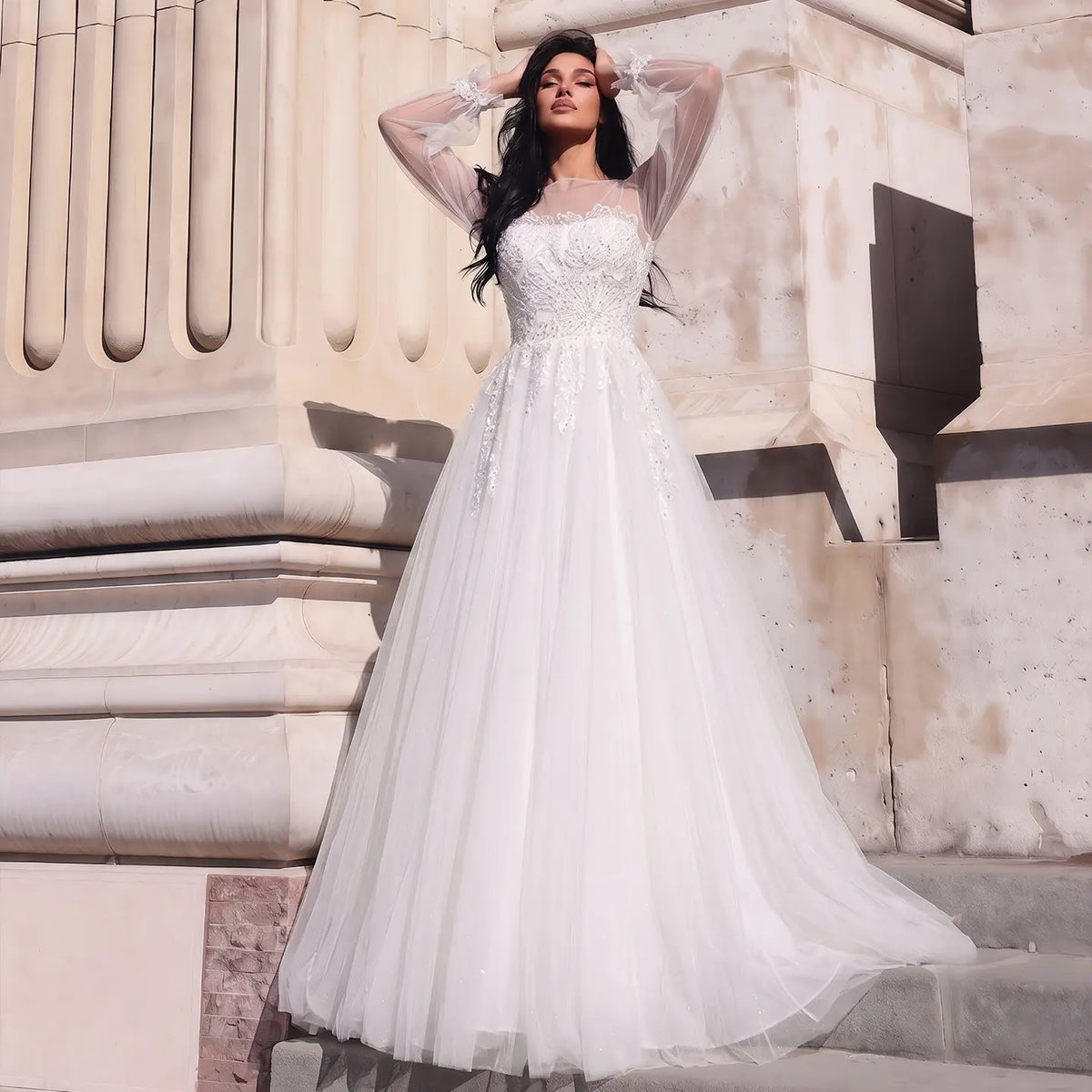 White Lace Sheer Sleeve Wedding Dress SW713