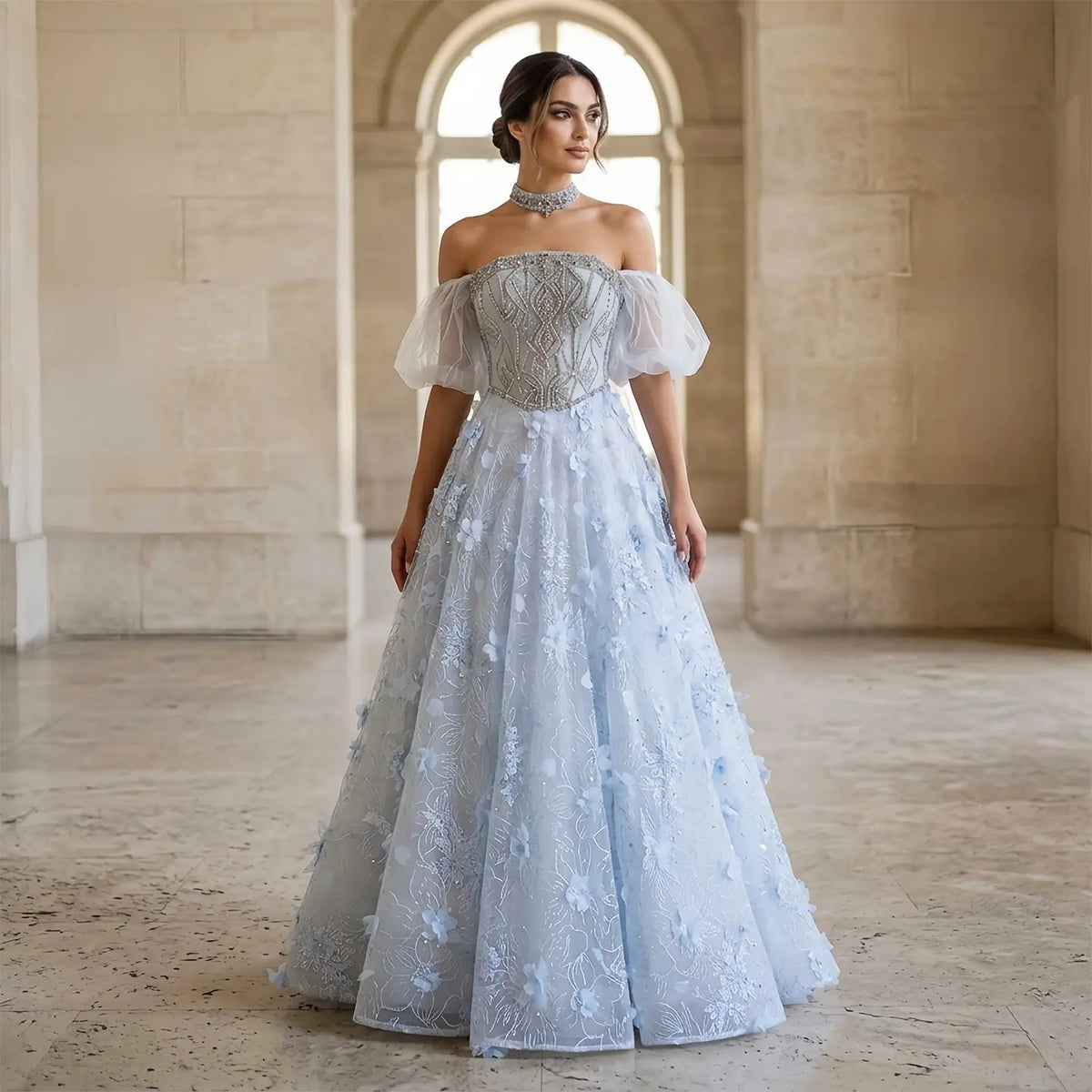 Luxury Blue 3D Floral Beaded Ball Gown Evening Dress with Overskirt SS745