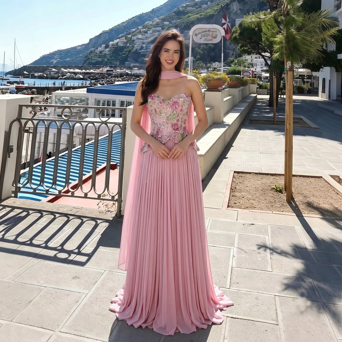 Pink Floral Peplum Chiffon Evening Dress SS480