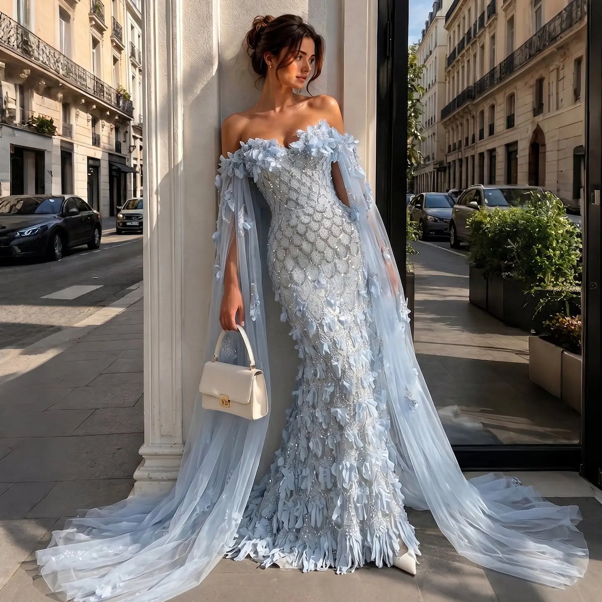 Soft Blue 3D Floral Mermaid Evening Dress SS441