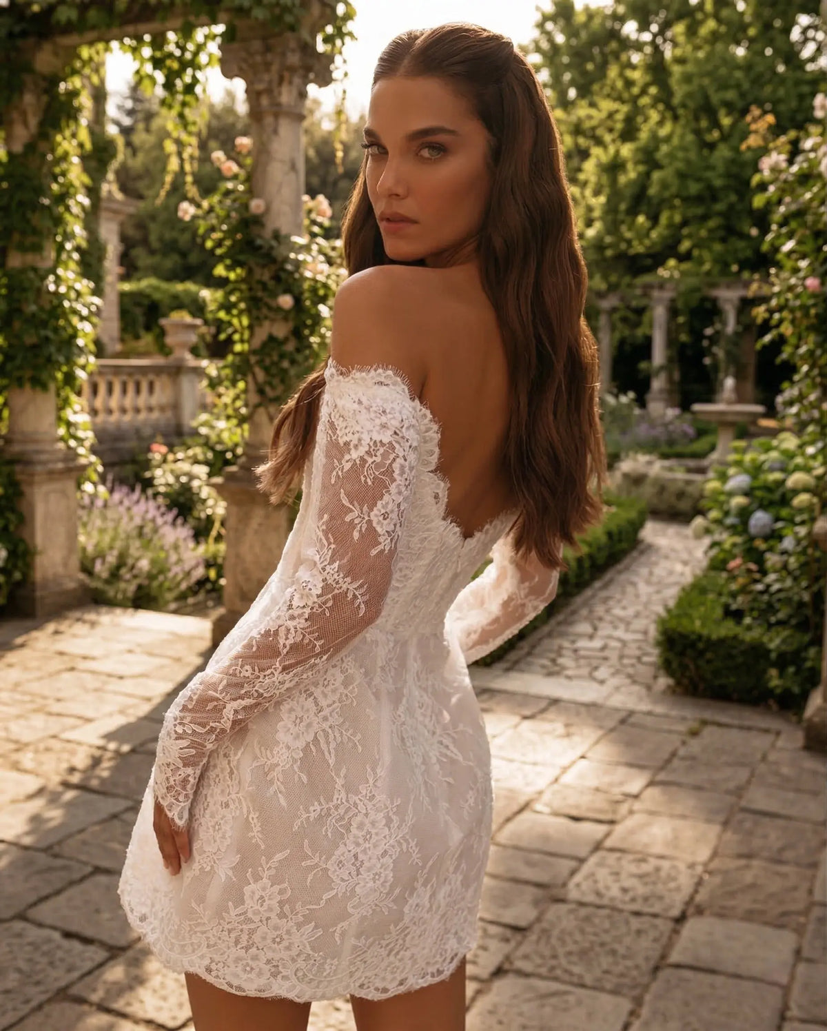 Luxury Off-the-Shoulder Long Sleeve Lace Mini Wedding Dress SW170 