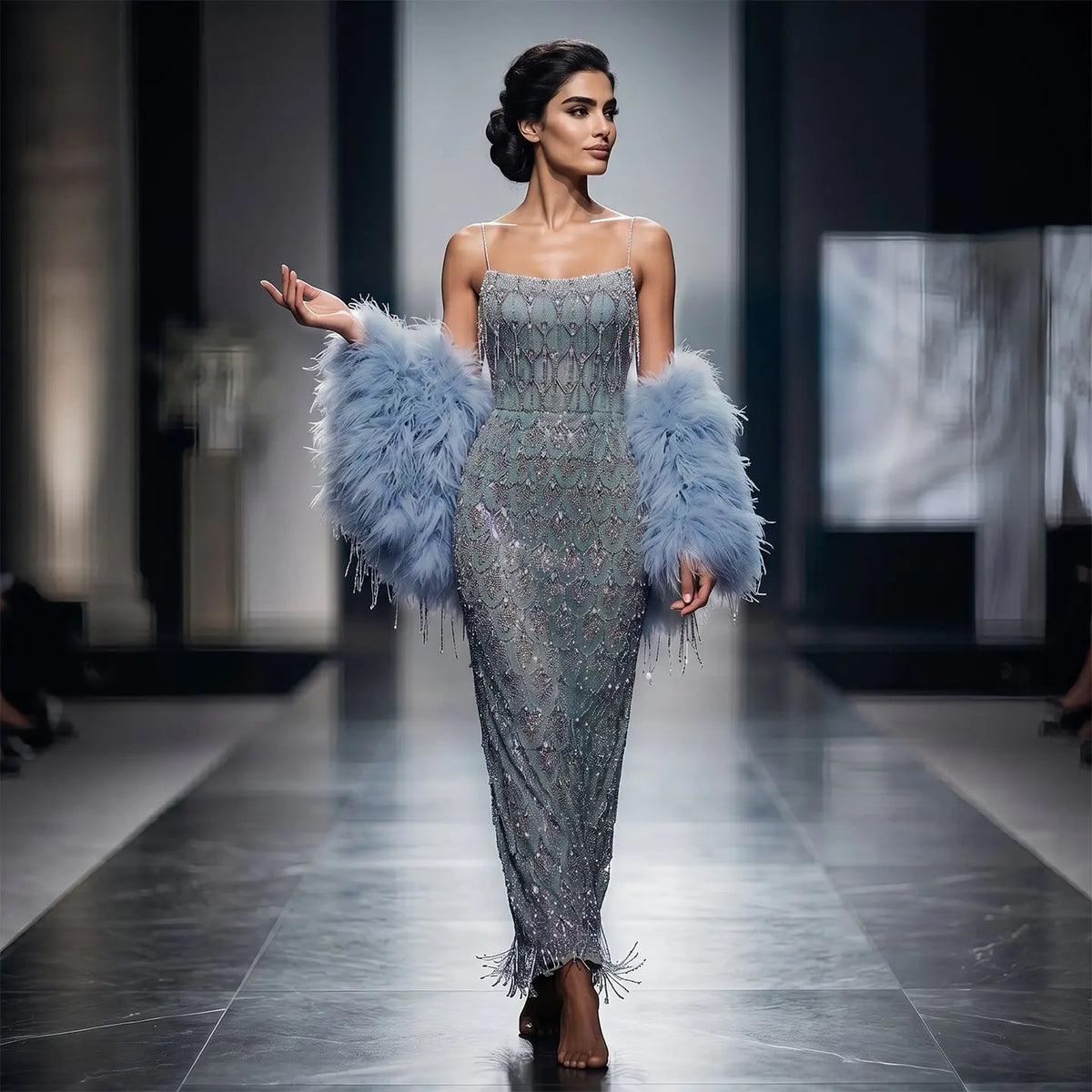 silver beaded dress with sleeves Silver Glitter Dress with Beaded Sleeves - Embellished Gown with Round Neckline