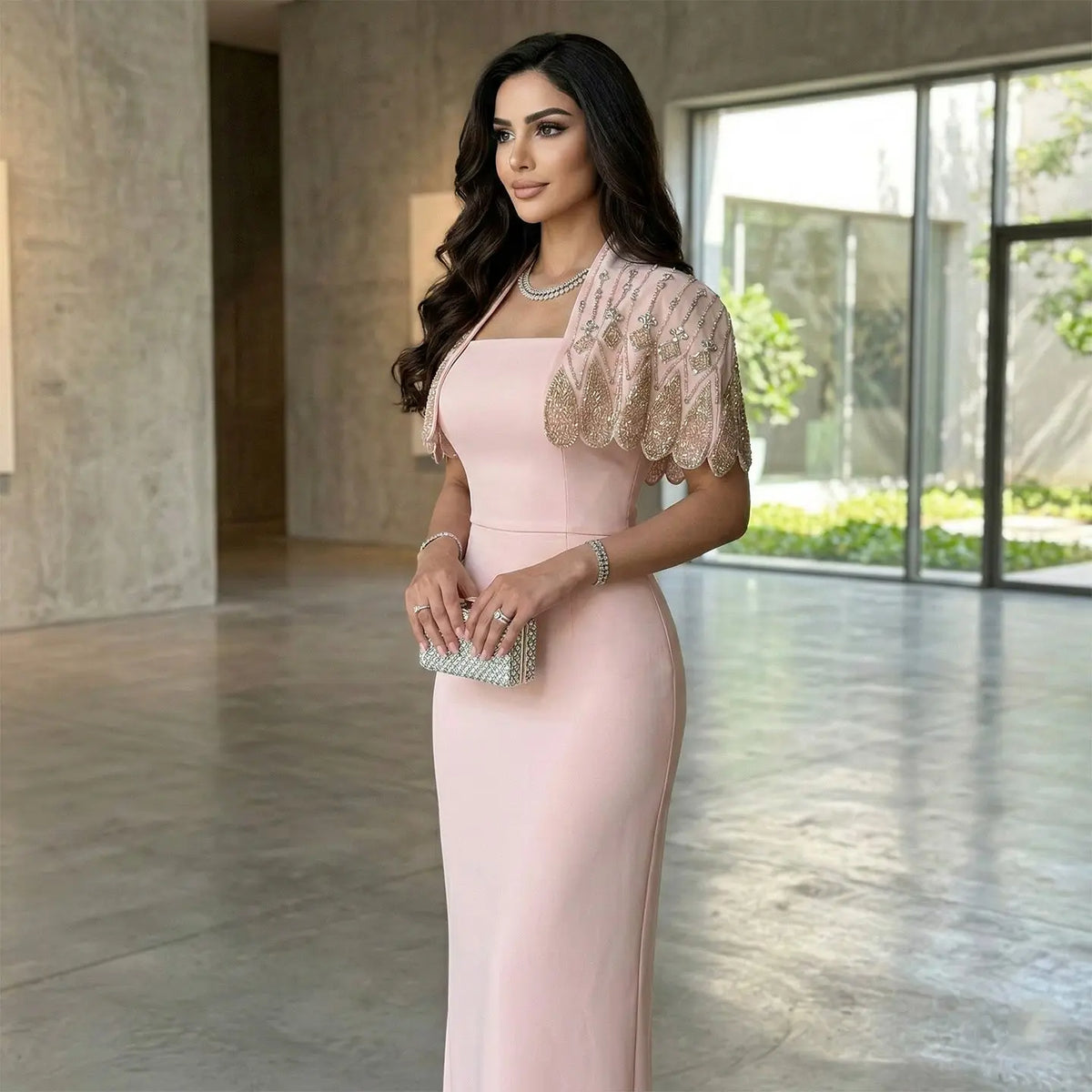 Glamorous Pink Strapless Evening Dress with Beaded Capelet SS302