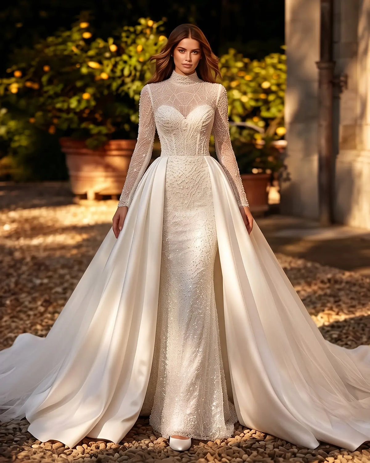 White Beaded Mermaid Wedding Dress with Overskirt SW685