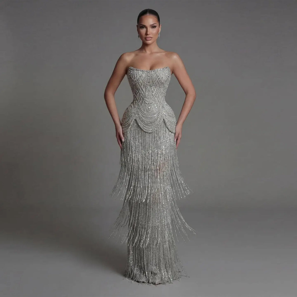 Gray Beaded Fringe Floor Length Evening Dress SS255
