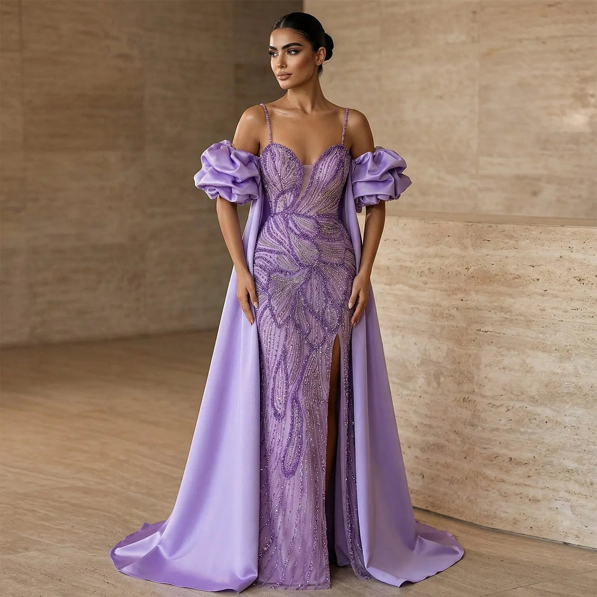 Luxury Lilac Beaded Cape High-Slit Evening Dress with Cap Sleeve SS157 