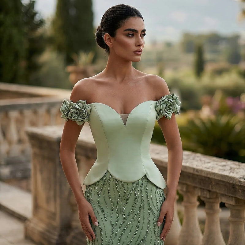 Edgy Green Off-the-Shoulder 3D Floral Applique Sequin Evening Dress SS640 