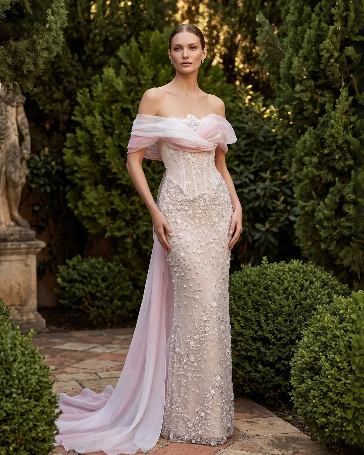 Glamorous Blush Pink Off-the-Shoulder Draped Sequin Evening Dress SS519