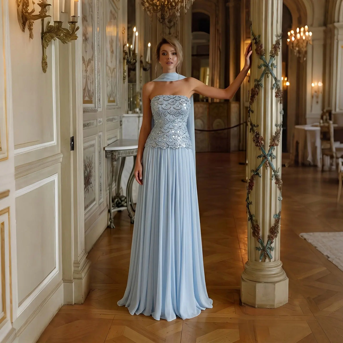 Ice Blue Sequin Strapless Evening Dress SS651
