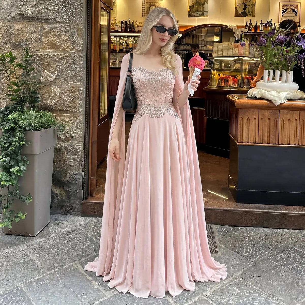 Luxury Pink Beaded Flowy Cape Sleeve Evening Dress SS367