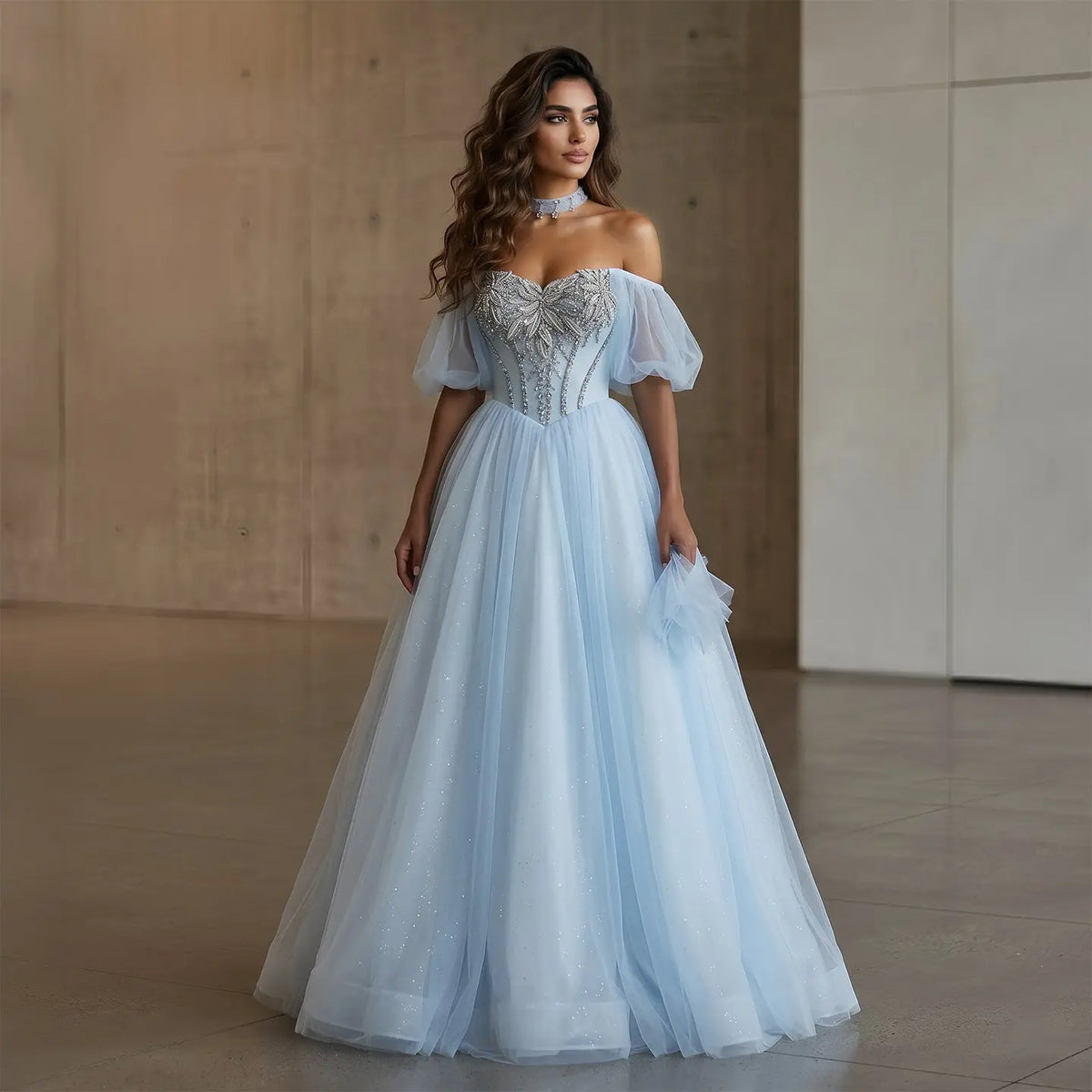 Luxury Blue Beaded Off-the-Shoulder Tulle Evening Dress with Necklace SHARONSAID Luxury Blue Beaded Off-the-Shoulder Tulle Evening Dress with Necklace SHARONSAID