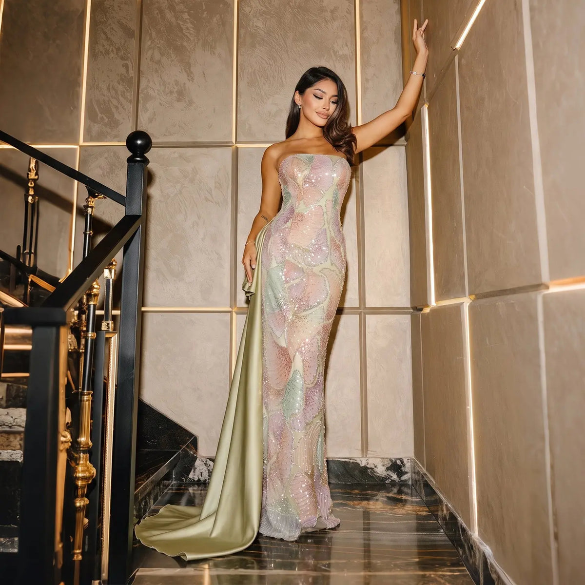 Sage Green Strapless Sequin Satin Bow Maxi Dress SS664
