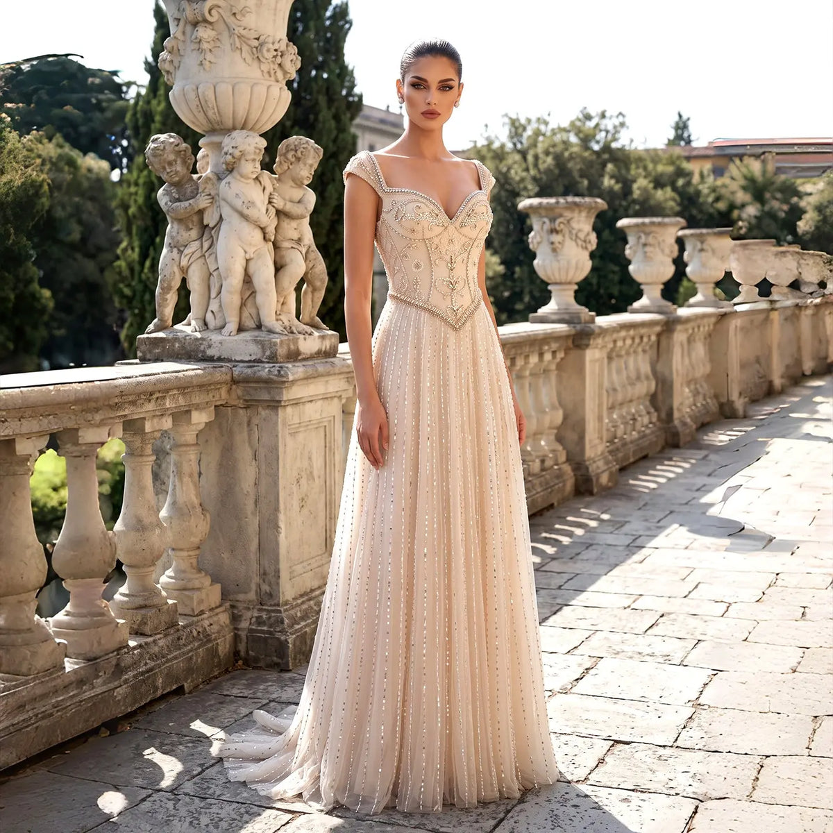 Champagne Beaded A Line Evening Dress SS332