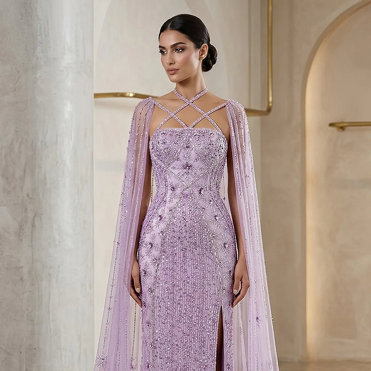 Luxury Aqua Crisscross Evening Dress with Cape Sleeves SS391 