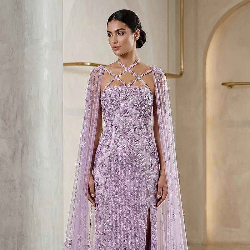 Luxury Aqua Crisscross Evening Dress with Cape Sleeves SS391 