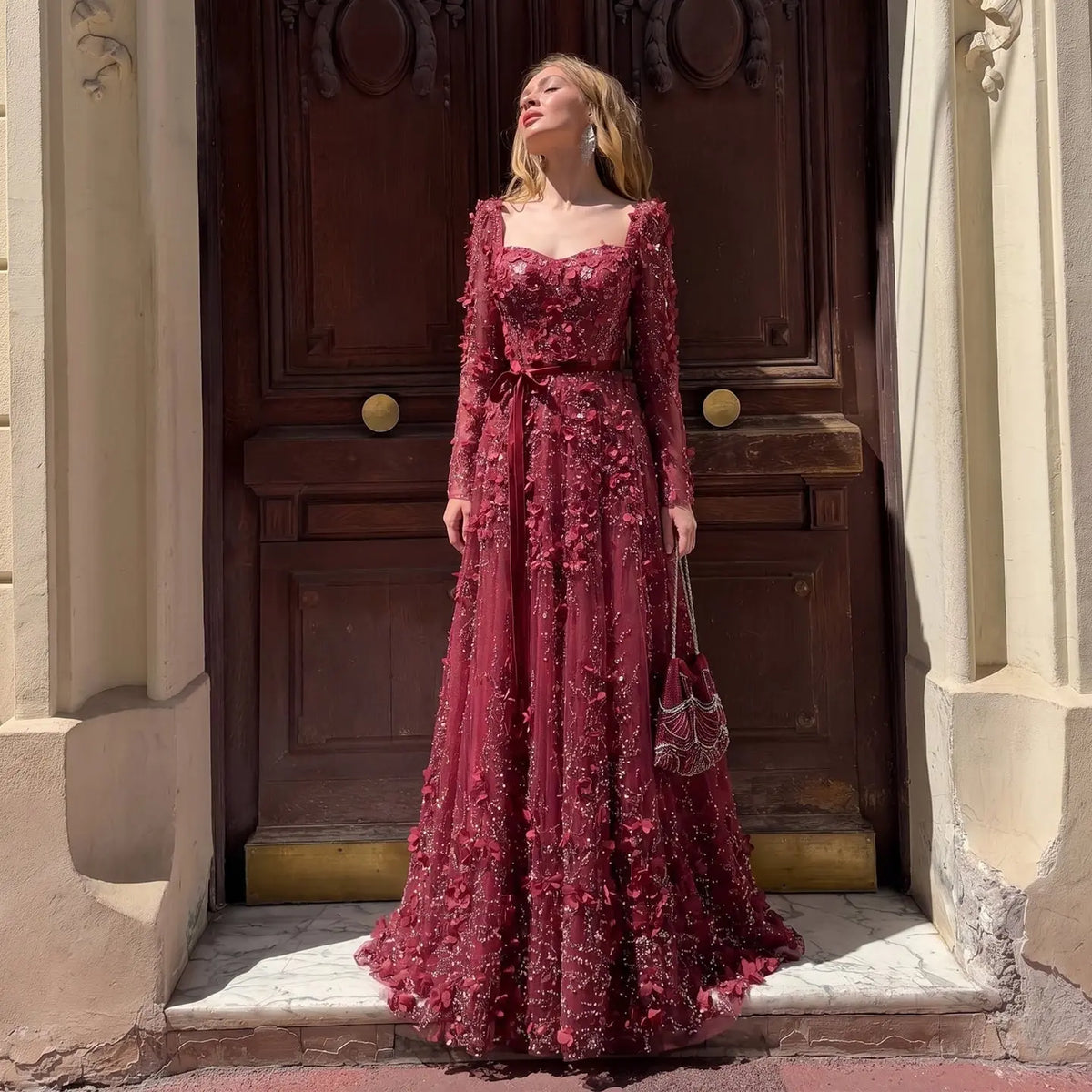 Luxury 3D Flower Gray Long Sleeves Evening Dress SS353
