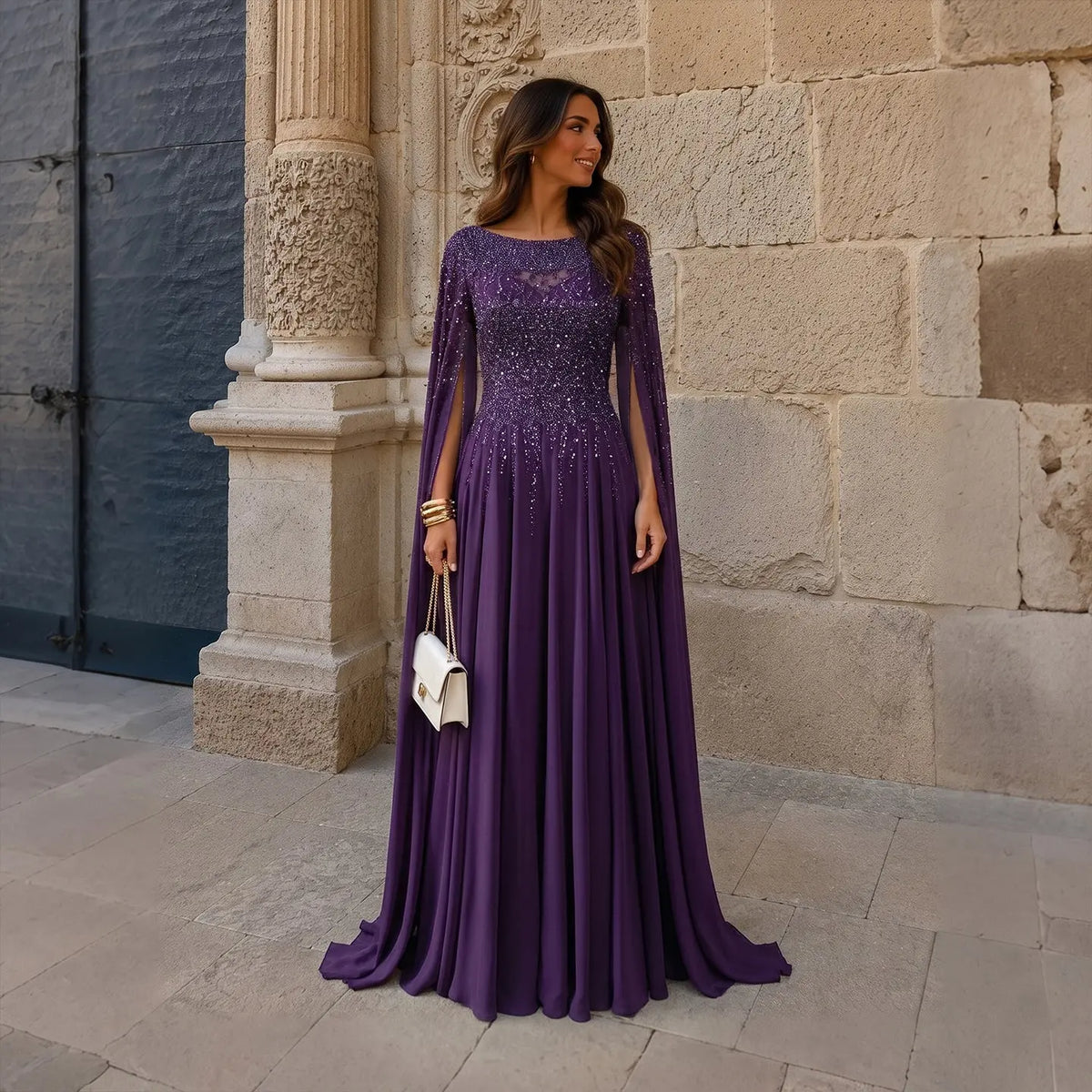 Peacock Blue Sequin Cape Sleeve Evening Dress SS105-10