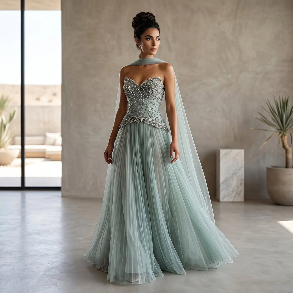 sage green beaded dress V Neck Prom Dress With Rhinestone Beading And Open Lace Back