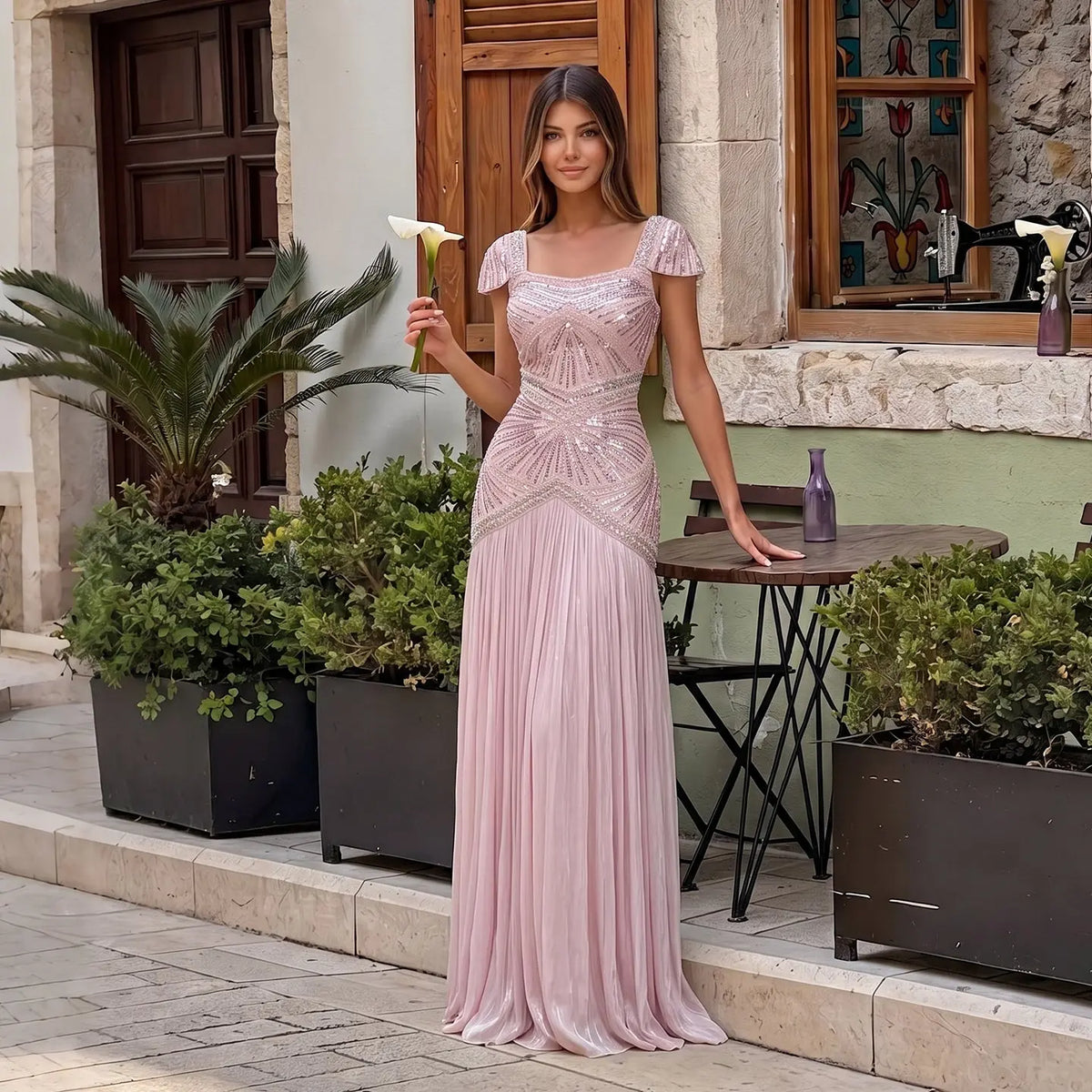 Pink Sequin Cap Sleeve Pleated Formal Evening Gown SS325