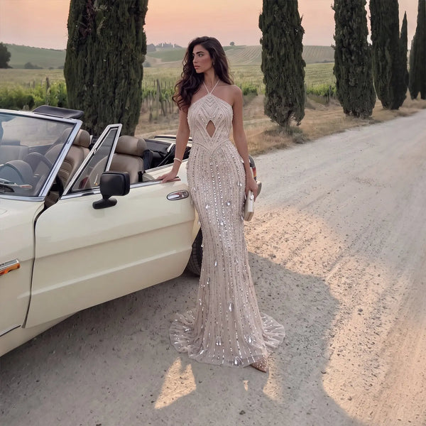 Beige Beaded Rhinestone Halter Neck Backless Mermaid Evening Gown SS49 – SHARONSAID
