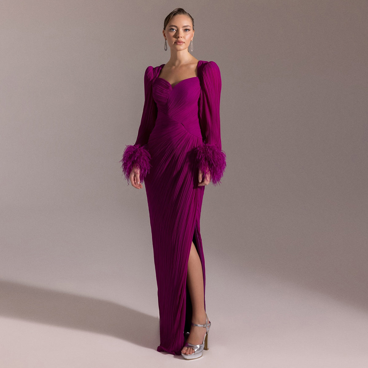 Luxury Feather Fuchsia Long Sleeves Evening Dress with Feathers and Overskirt SF411 
