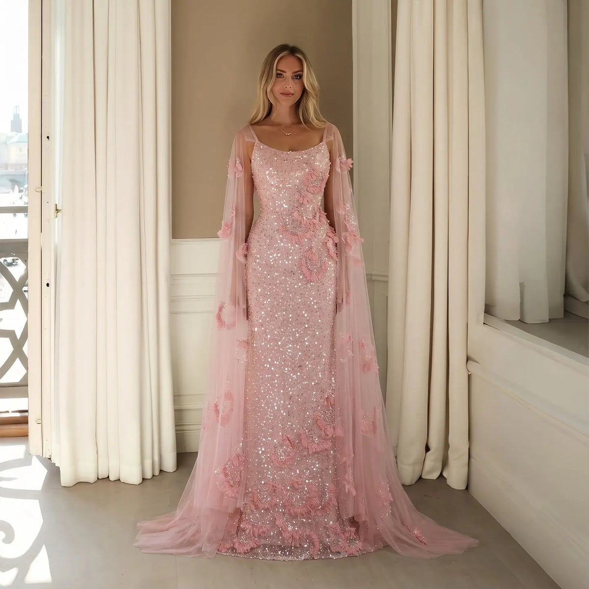 pink sheer dress Pink Formal Dresses A Line Strapless Lace Top Tulle Puffy Formal Dress With Slit