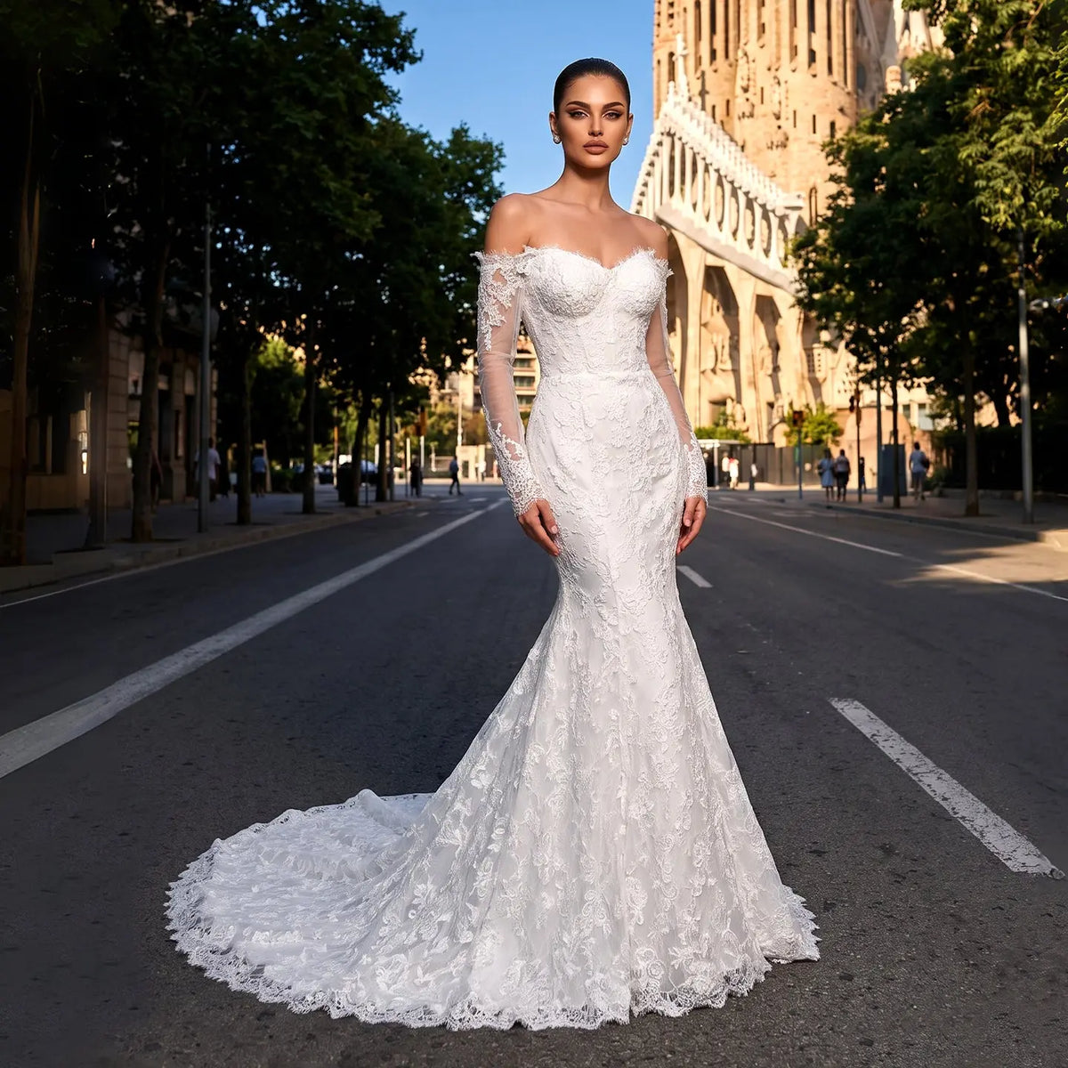 White Long Sleeve Mermaid Wedding Dress SW757