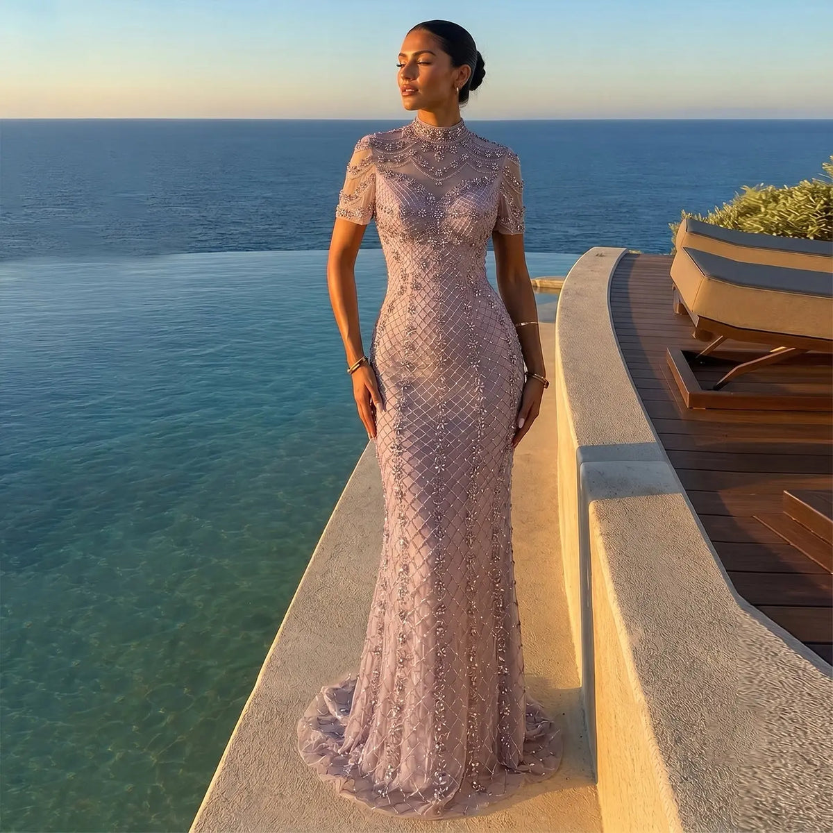 Chic Champagne Short Sleeve Grid Rhinestone Mermaid Evening Dress SS185