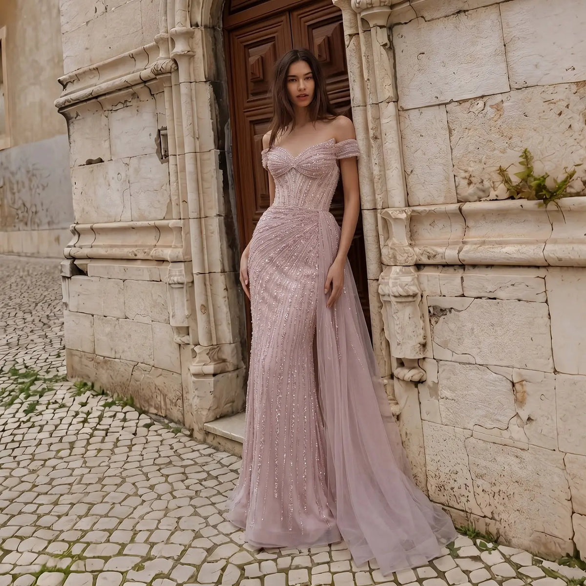 Pink Mermaid Hand Beaded Evening Dress Train SS005