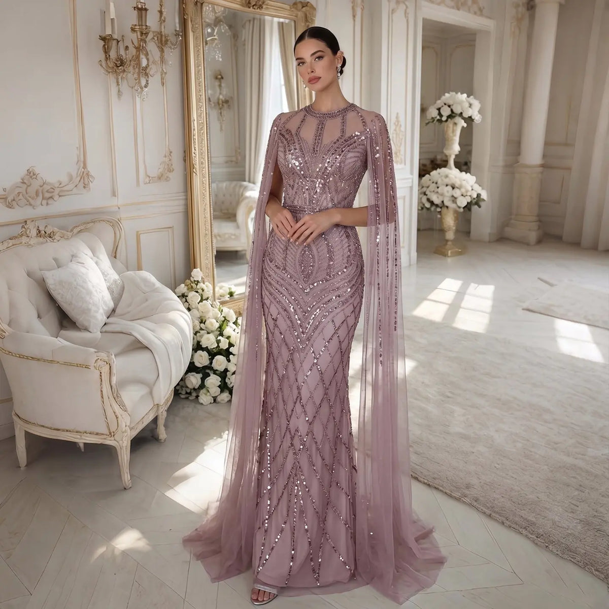 Pink Beaded Cape Sleeve Evening Dress SS126