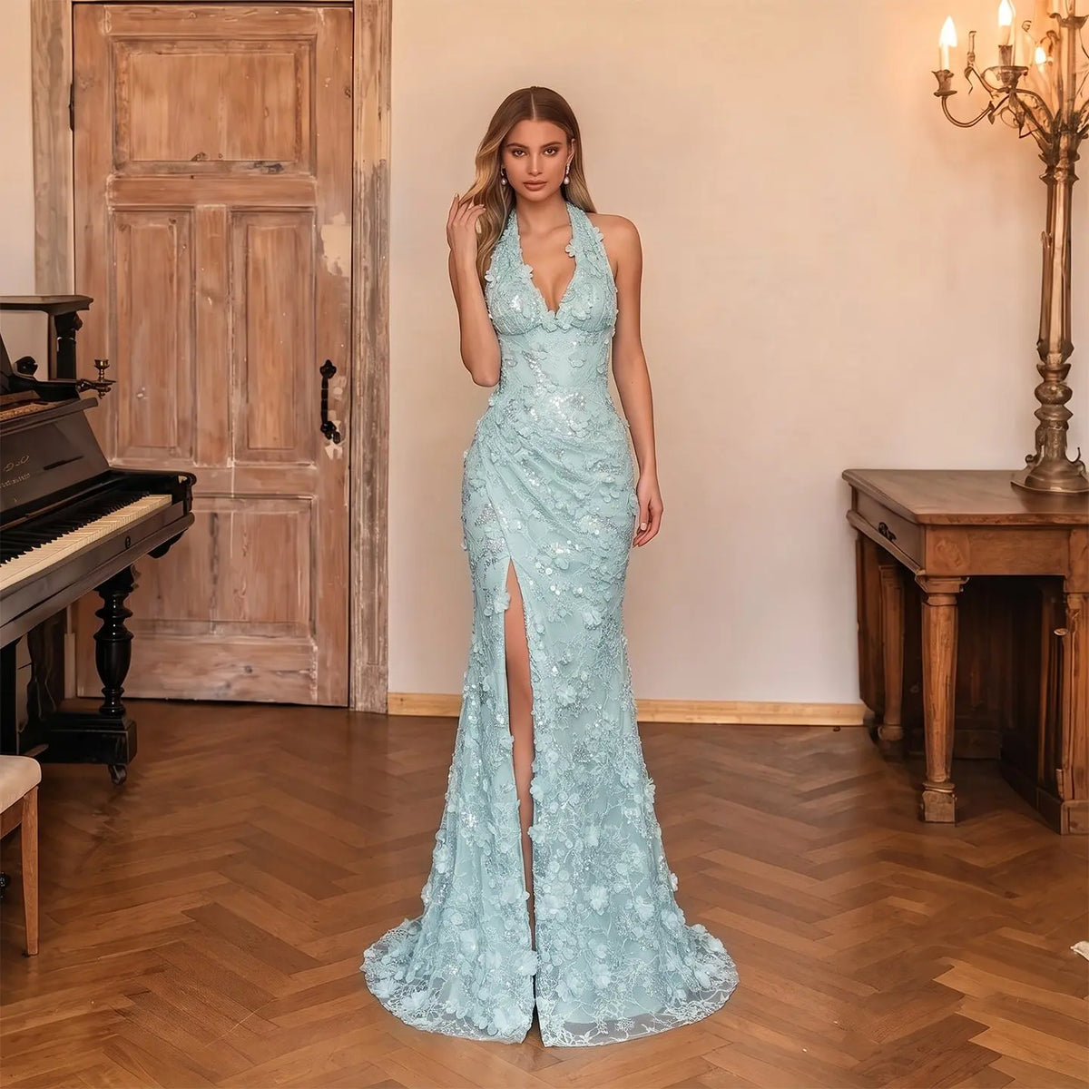 Backless Halter Mermaid Formal evening Dress 3D Flower Sequin Lace High Slit Floor Length Party Gown SS603