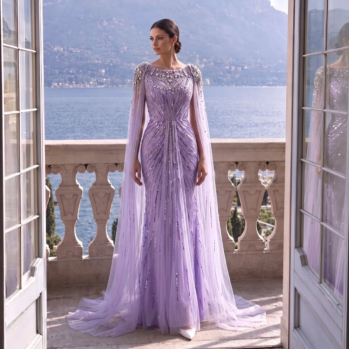 Luxury Crystal Lilac Evening Dress with Cape Sleeves SS549
