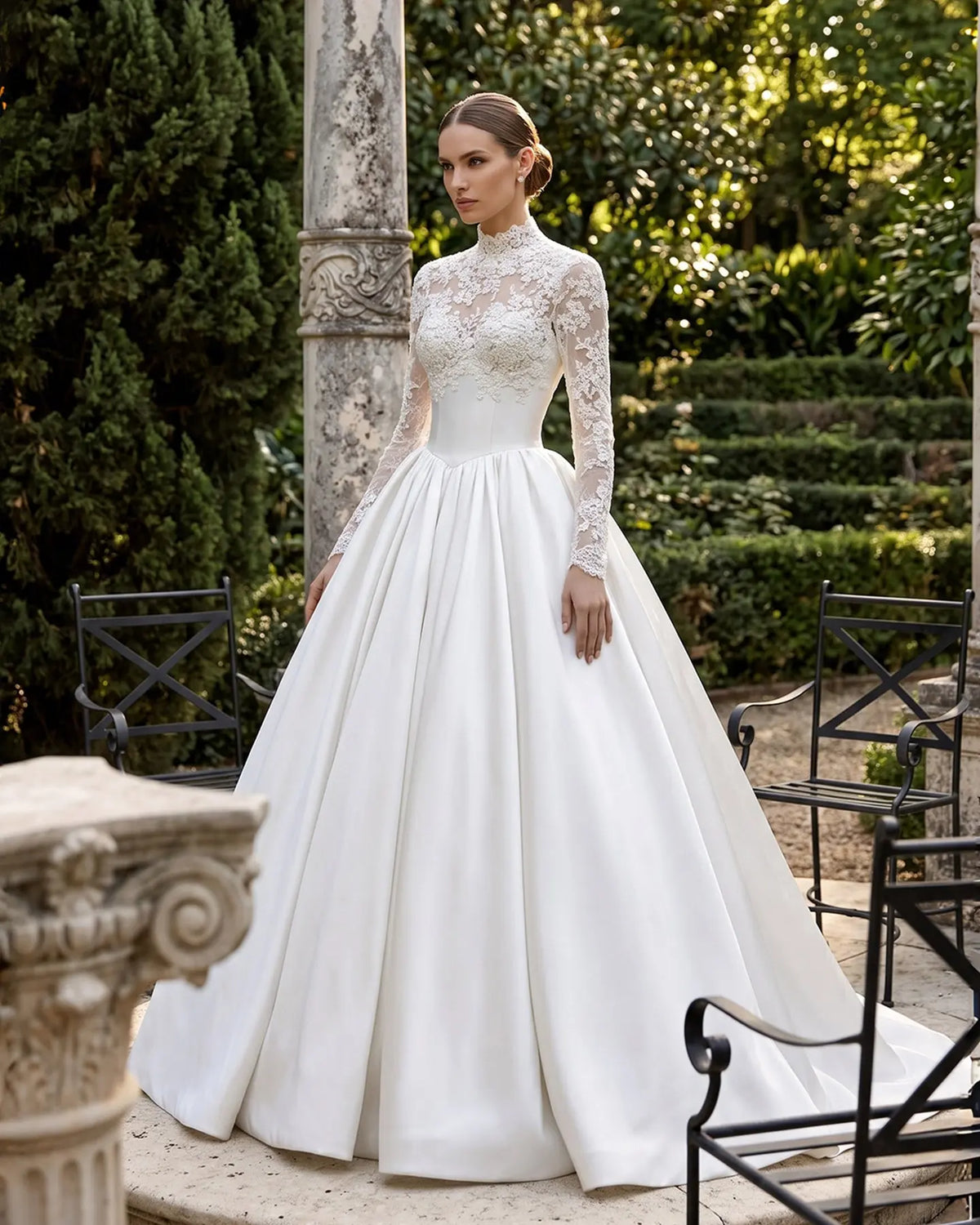 Ivory Lace Satin Ball Gown Wedding Dress SW684-1