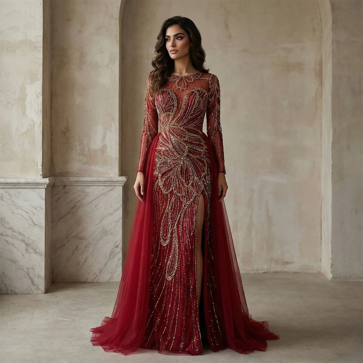 Luxury Green Beaded High-Slit Evening Dress with Overskirt SS160 