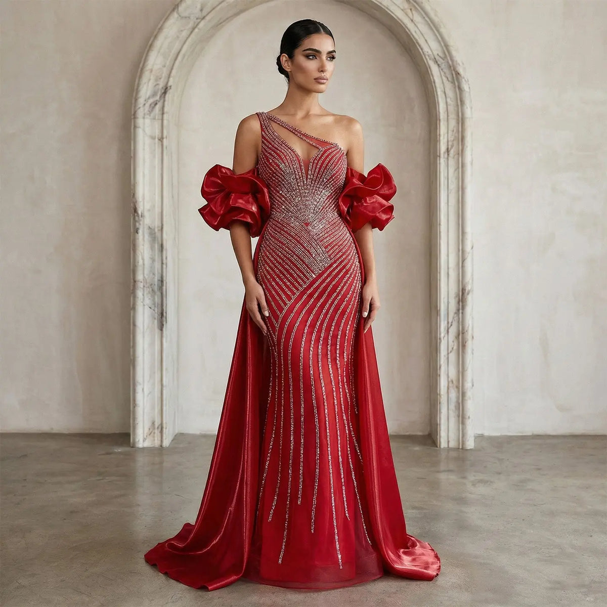 Luxury Dusty Pink Beaded One-Shoulder Fitted Evening Dress with Cape SS016 